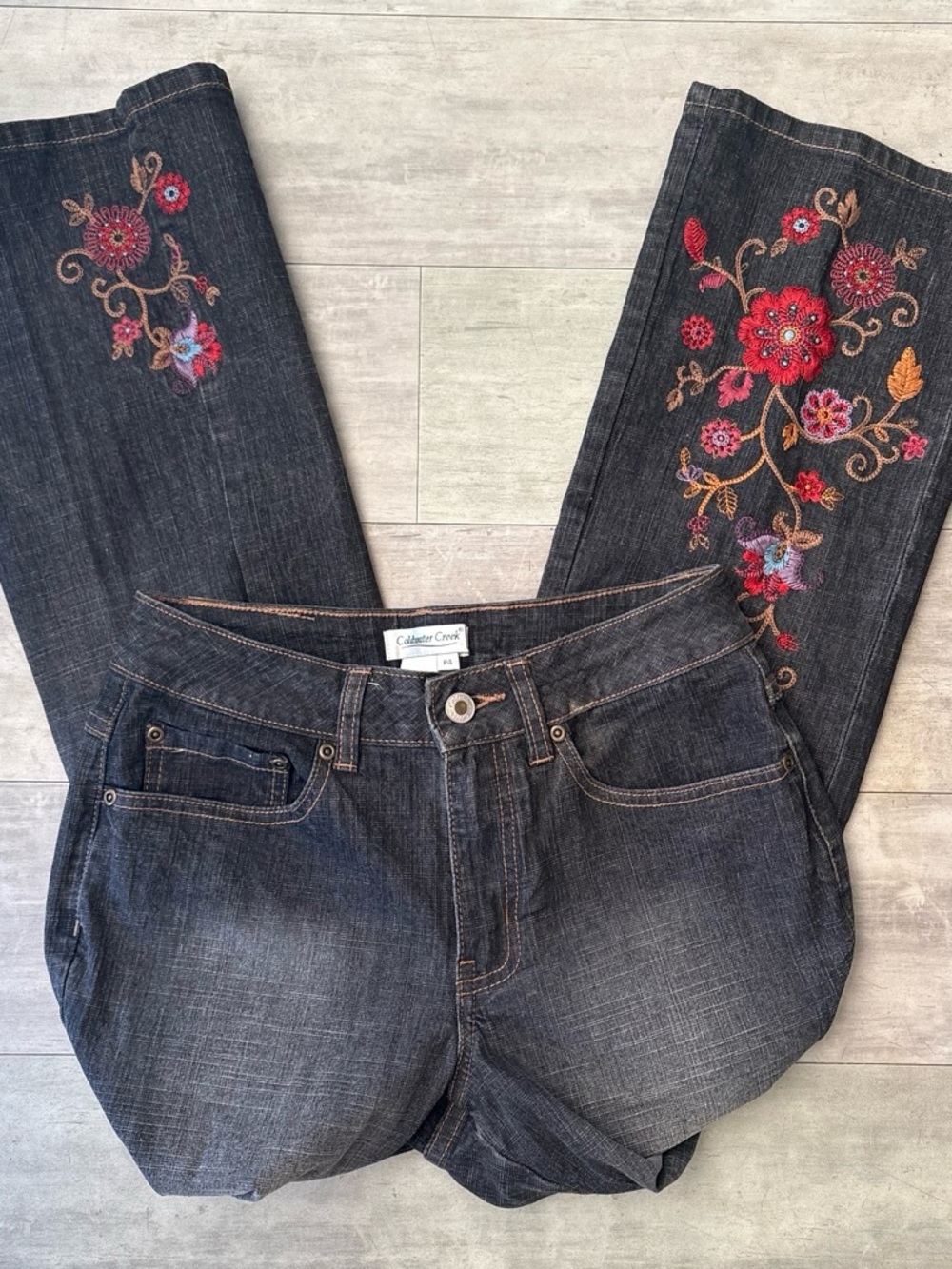 Coldwater Creek Dark Wash Bootcut Jeans with Red Floral Embroidery